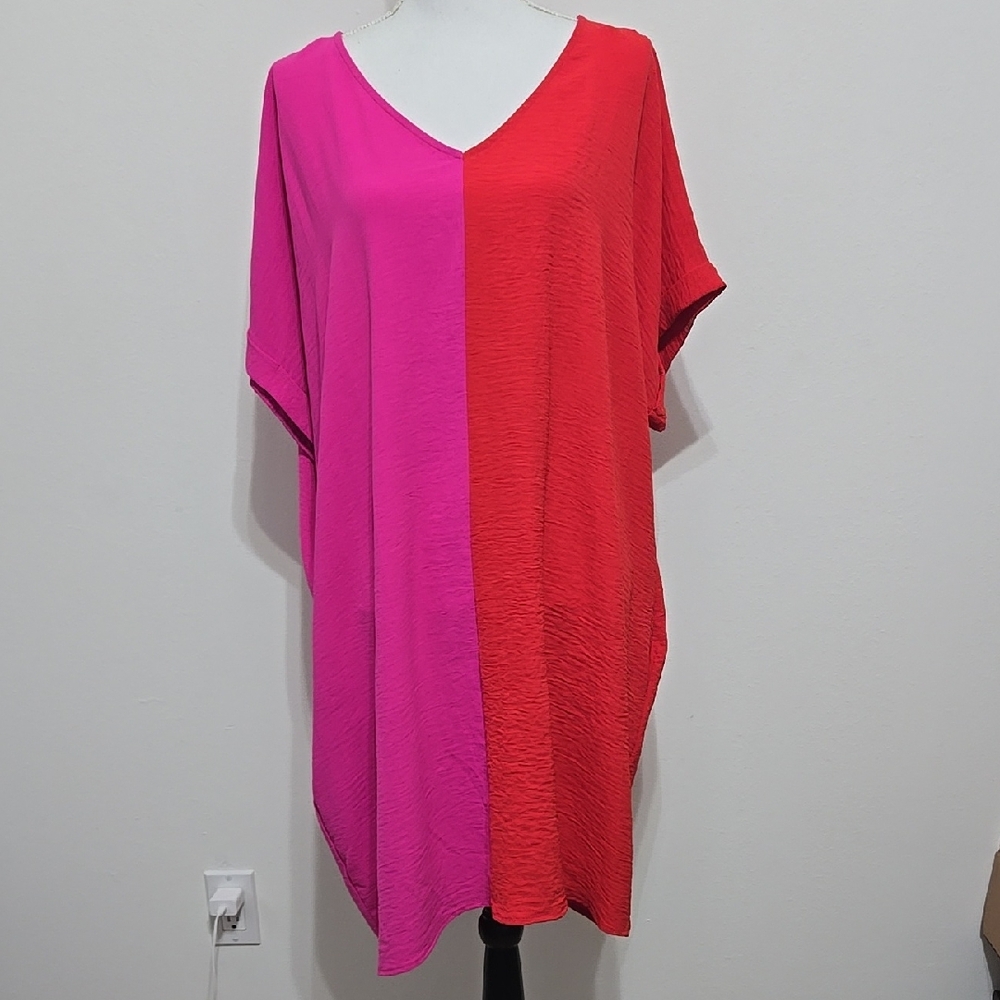Vibrant Pink and Red V-Neck Dress